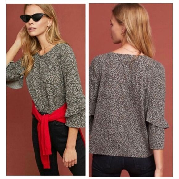 Anthropologie T.La Chelsea Ruffled Tee Leopard Print Ruffle Sleeve Top medium gr - Picture 1 of 11